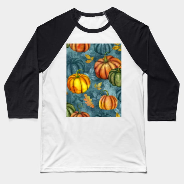 Pumpkins and different fall leaves seamless watercolor pattern. Autumn colorful composition. Thanksgiving textural background Baseball T-Shirt by likapix